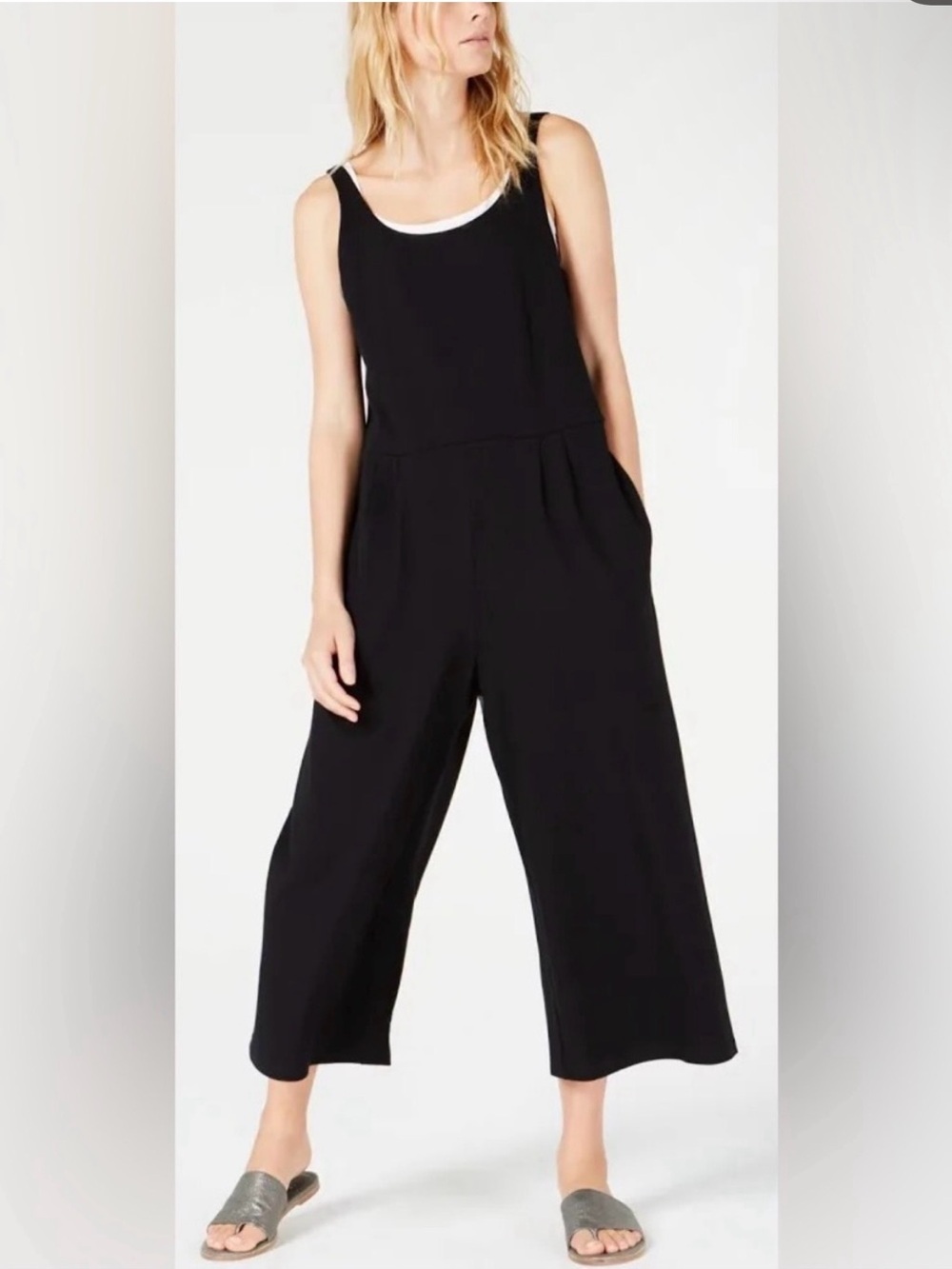 Eileen Fisher Black Cotton Stretch Jersey Cami Wide Leg Crop Jumpsuit- M